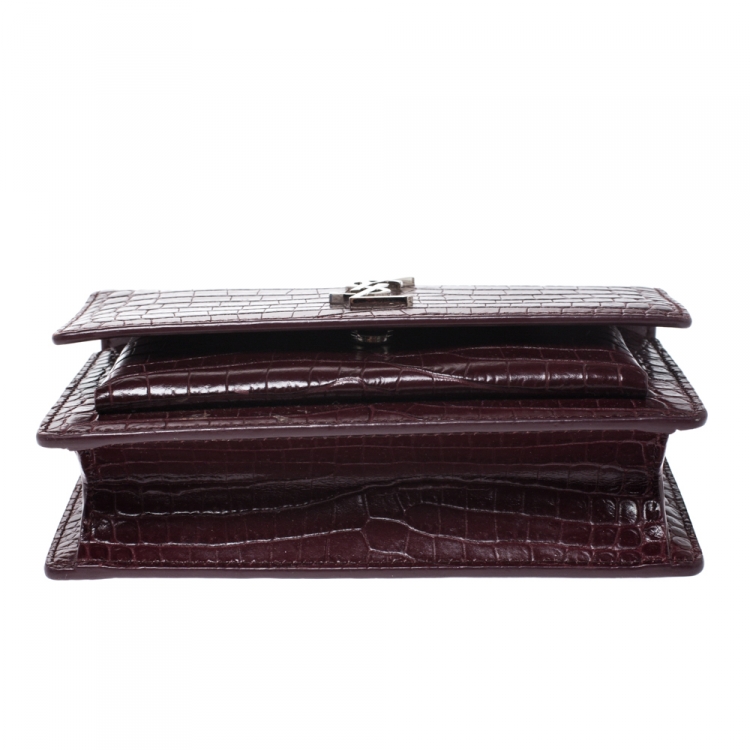 Pre Owned  Saint Laurent Burgundy Croc Embossed Leather Sunset Shoulder Bag