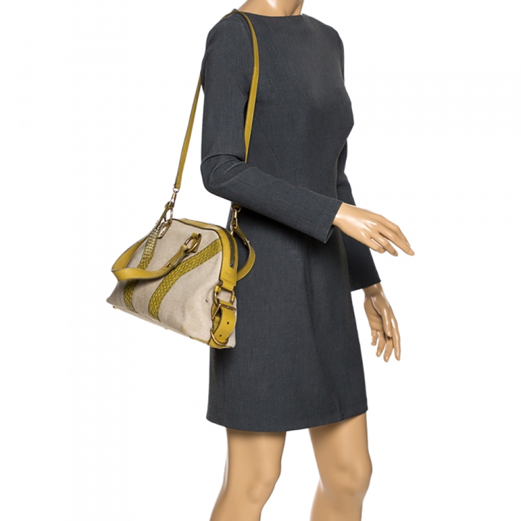Pre Owned Saint Laurent Paris Beige/Yellow Canvas and Leather Medium Muse Bag