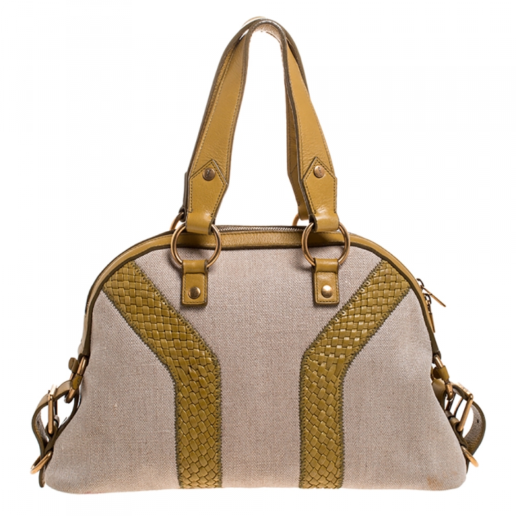 Pre Owned Saint Laurent Paris Beige/Yellow Canvas and Leather Medium Muse Bag
