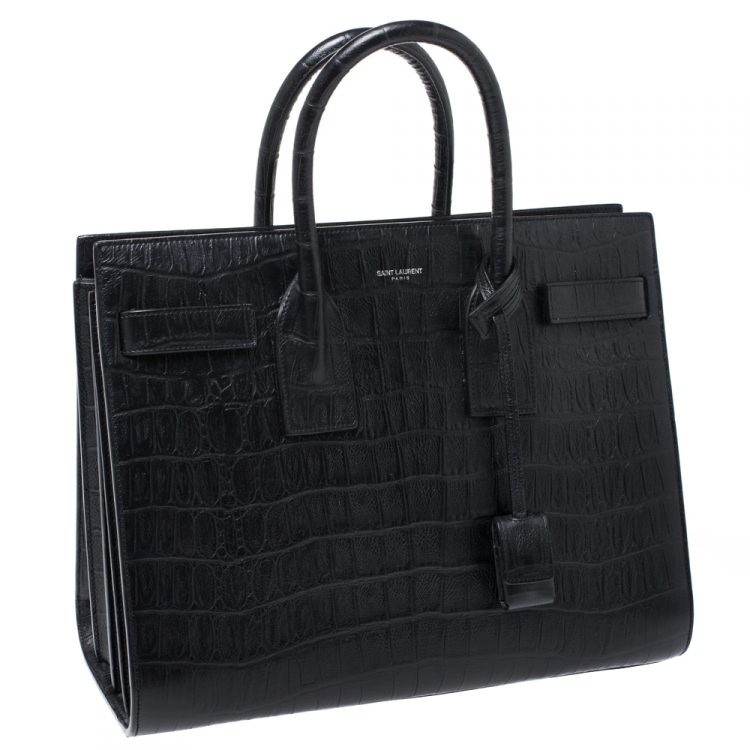 Pre Owned Saint Laurent Black Croc Embossed Leather Small Classic Sac De Jour Tote