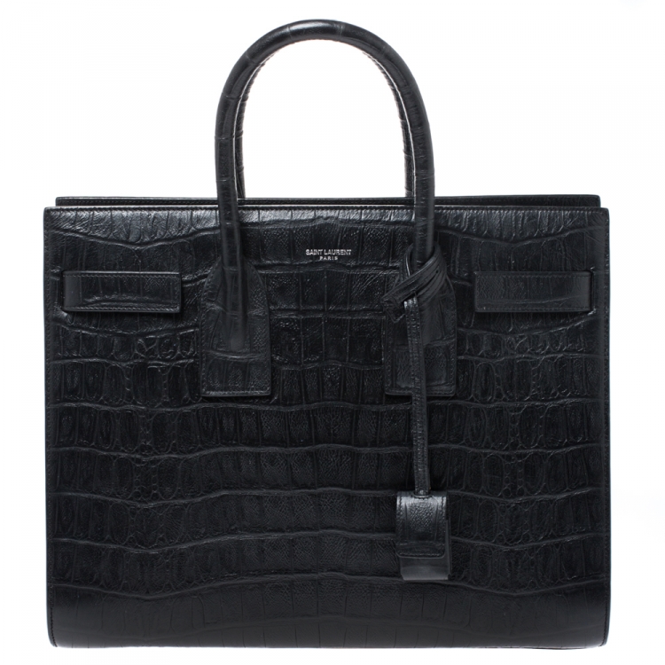 Pre Owned Saint Laurent Black Croc Embossed Leather Small Classic Sac De Jour Tote
