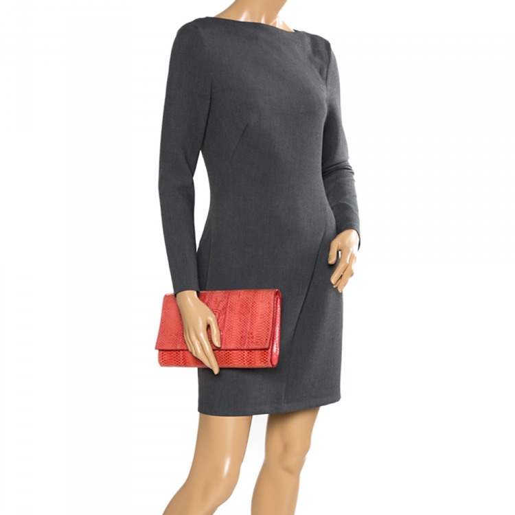 Pre Owned Saint Laurent Red Python Belle De Jour Flap Clutch