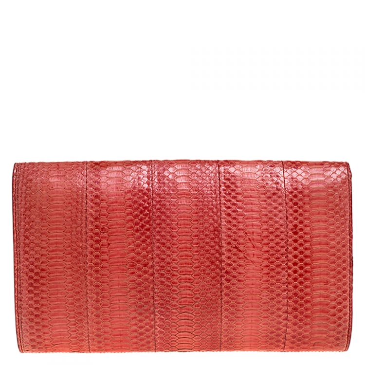 Pre Owned Saint Laurent Red Python Belle De Jour Flap Clutch