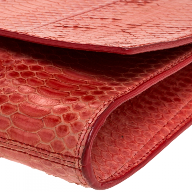 Pre Owned Saint Laurent Red Python Belle De Jour Flap Clutch