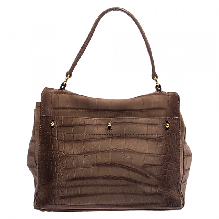 Pre Owned Saint Laurent Brown Croc Embossed Nubuck Leather Medium Muse Two Satchel