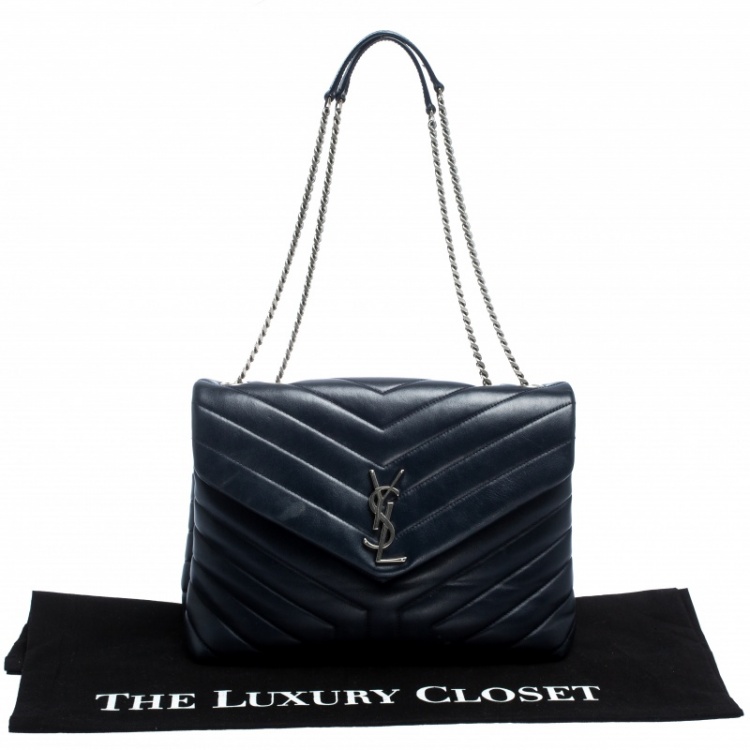 Pre Owned Saint Laurent Blue Matelasse Leather Medium Lou Lou Shoulder Bag