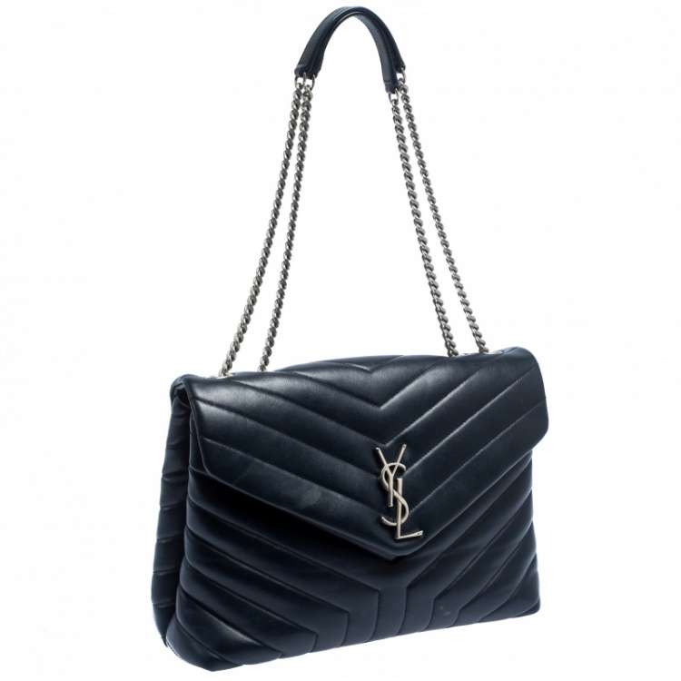 Pre Owned Saint Laurent Blue Matelasse Leather Medium Lou Lou Shoulder Bag
