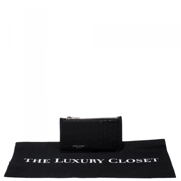 Pre Owned Saint Laurent Black Croc Embossed Leather Zipped Fragments Credit Case