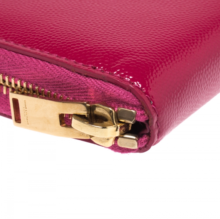Pre Owned Saint Laurent Fuchsia Patent Leather Zip Around Wallet 