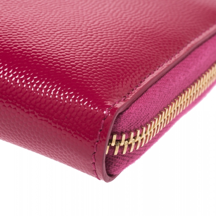 Pre Owned Saint Laurent Fuchsia Patent Leather Zip Around Wallet 