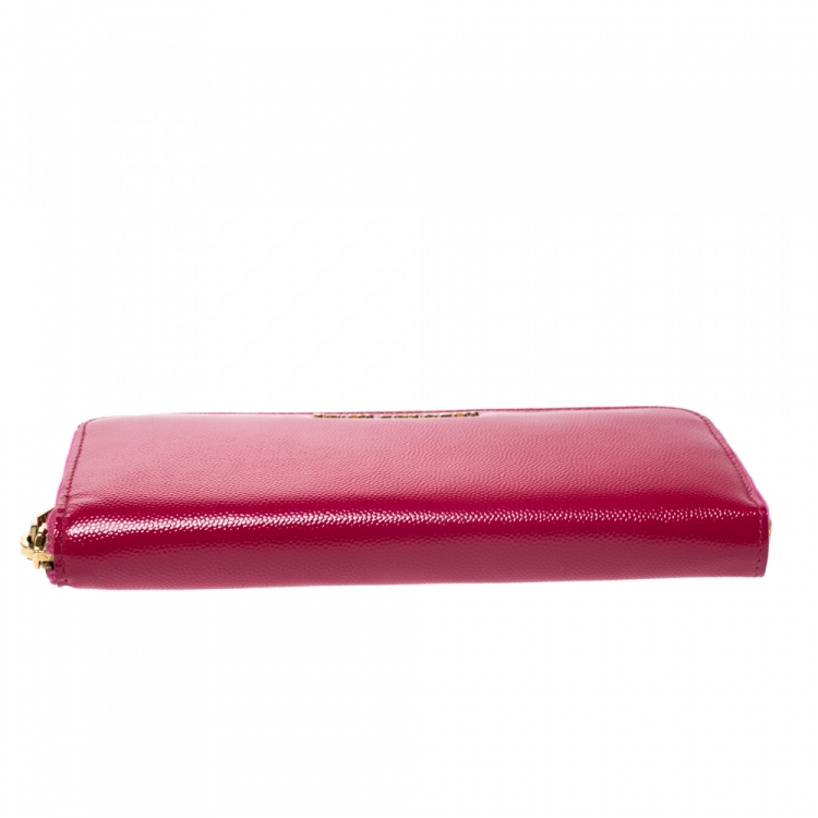 Pre Owned Saint Laurent Fuchsia Patent Leather Zip Around Wallet 