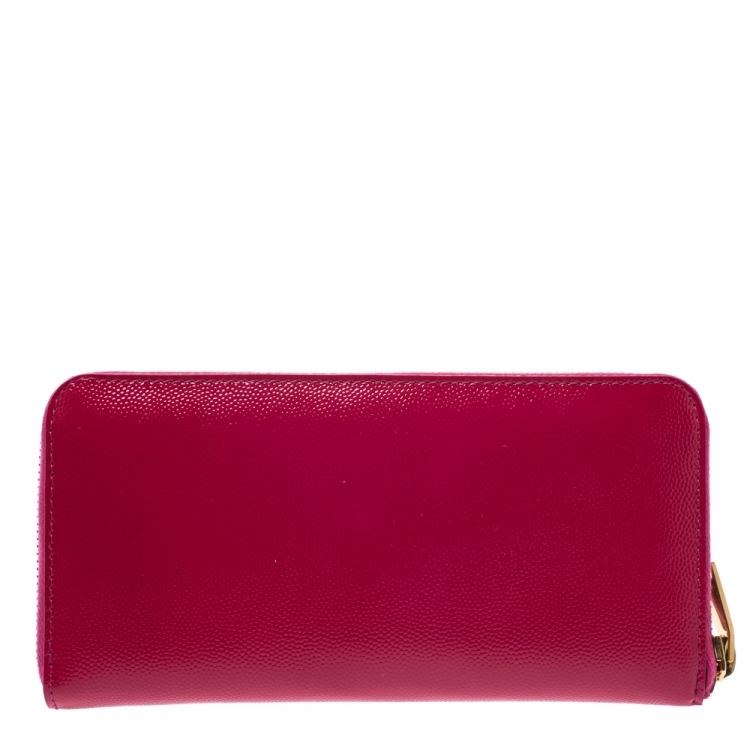 Pre Owned Saint Laurent Fuchsia Patent Leather Zip Around Wallet 