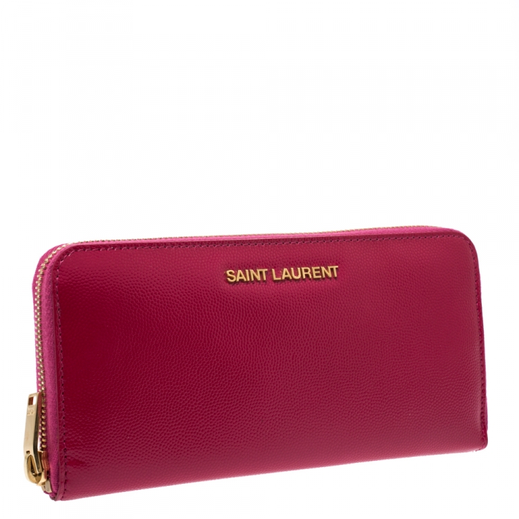 Pre Owned Saint Laurent Fuchsia Patent Leather Zip Around Wallet 