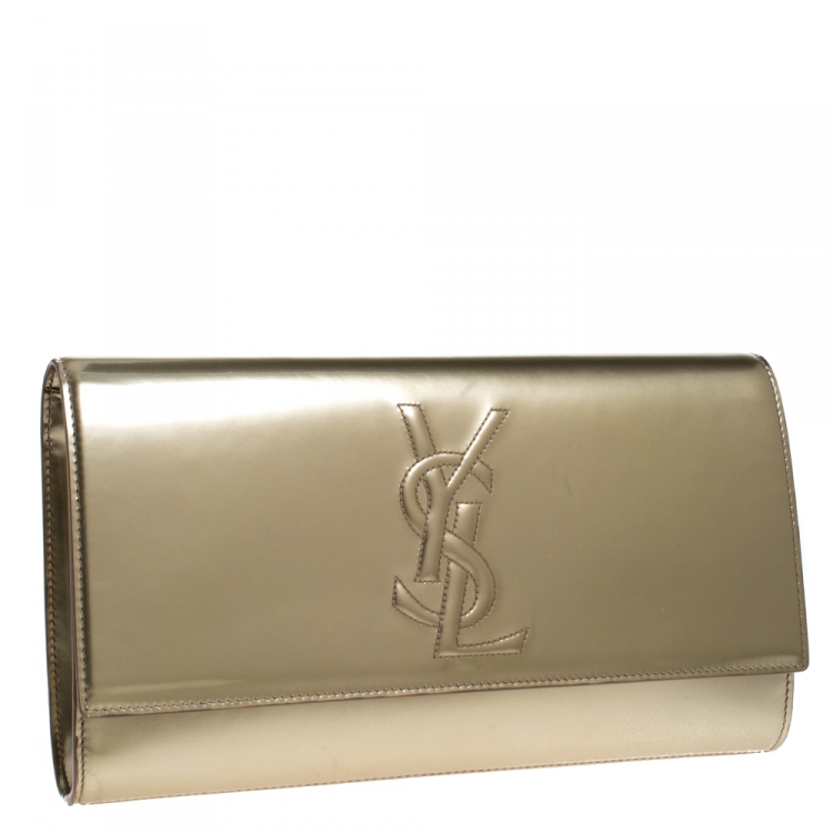 Pre Owned Saint Laurent Gold Patent Leather Belle De Jour Flap Clutch