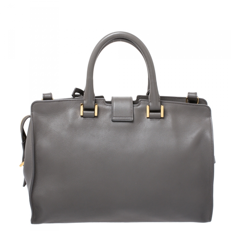Pre Owned Saint Laurent Grey Leather Small Monogramme Cabas Tote