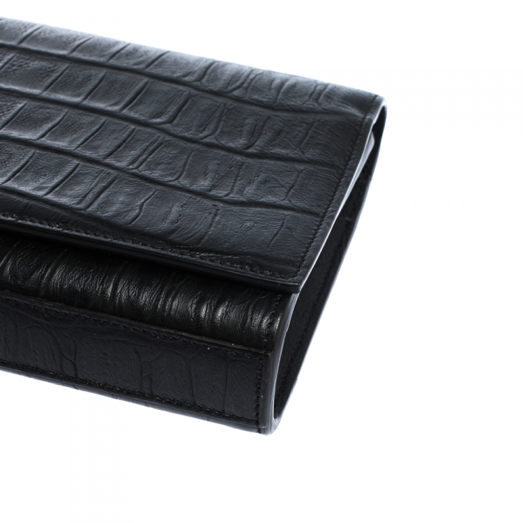 Pre Owned Saint Laurent Paris Black Croc Embossed Leather Kate Monogram Clutch