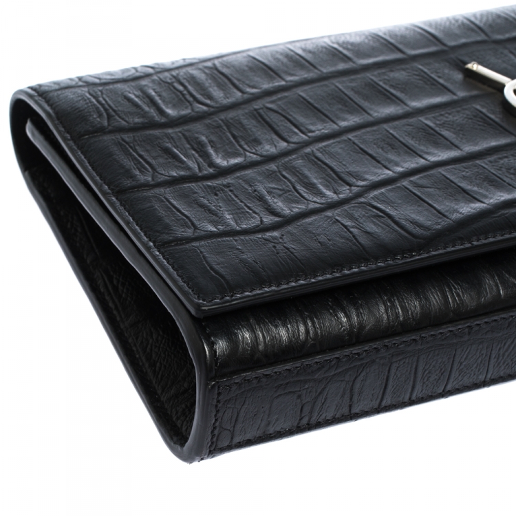 Pre Owned Saint Laurent Paris Black Croc Embossed Leather Kate Monogram Clutch