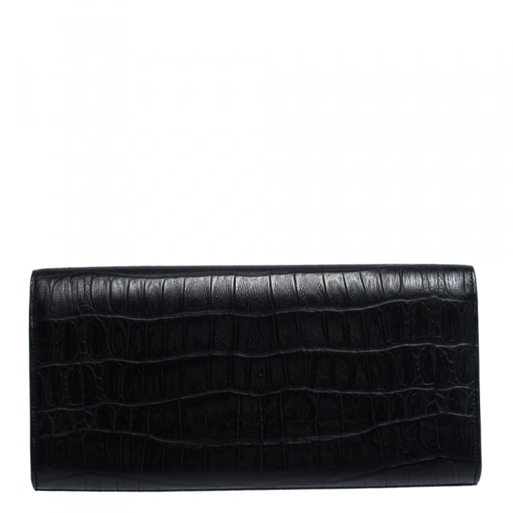 Pre Owned Saint Laurent Paris Black Croc Embossed Leather Kate Monogram Clutch