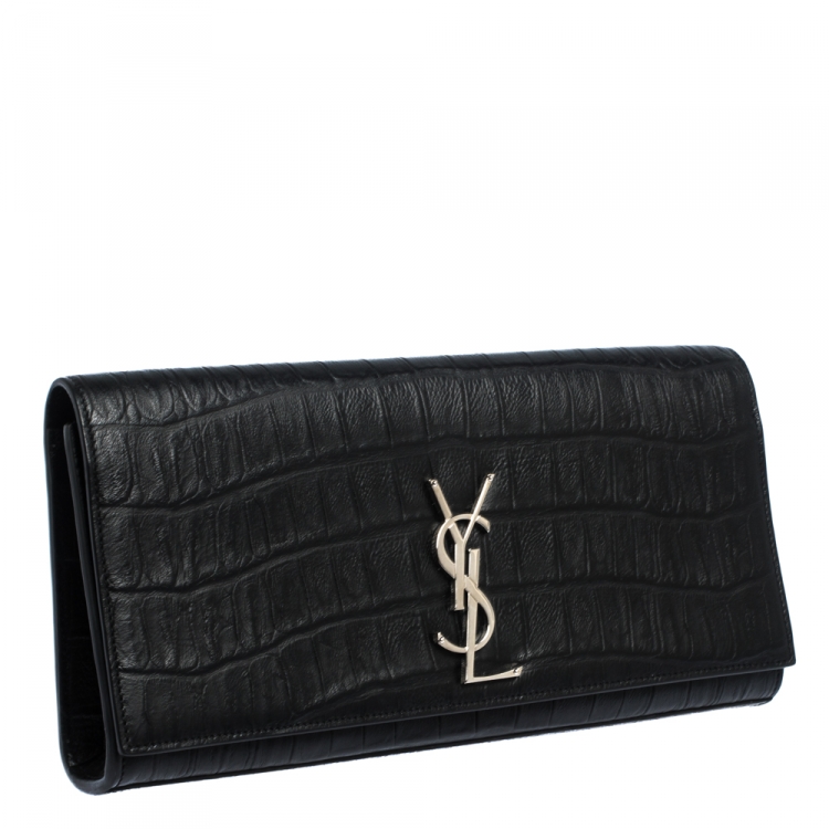 Pre Owned Saint Laurent Paris Black Croc Embossed Leather Kate Monogram Clutch