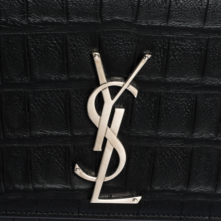 Pre Owned Saint Laurent Paris Black Croc Embossed Leather Kate Monogram Clutch