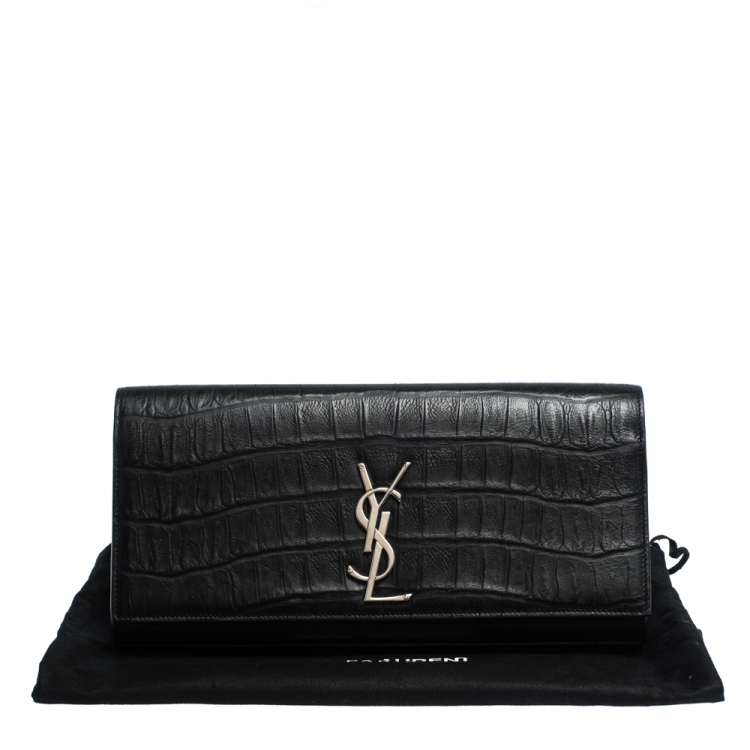 Pre Owned Saint Laurent Paris Black Croc Embossed Leather Kate Monogram Clutch