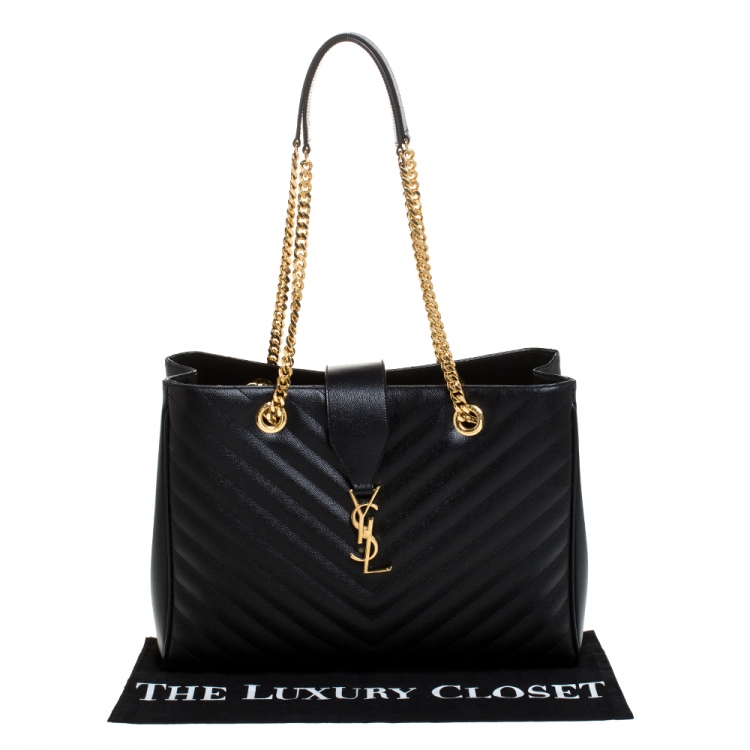 Pre Owned Saint Laurent Black Matelasse Leather Cassandre Shopper Tote