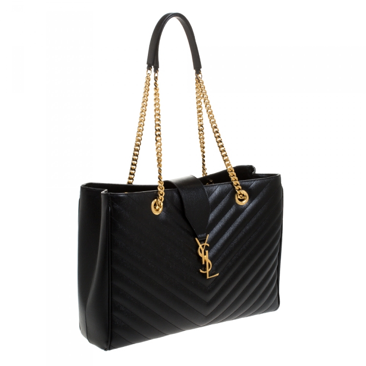 Pre Owned Saint Laurent Black Matelasse Leather Cassandre Shopper Tote