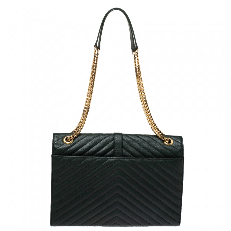 Pre Owned Saint Laurent Dark Green Matelasse Leather Large Cassandre Flap Bag