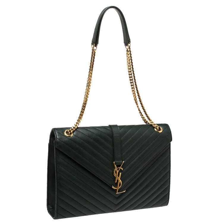 Pre Owned Saint Laurent Dark Green Matelasse Leather Large Cassandre Flap Bag