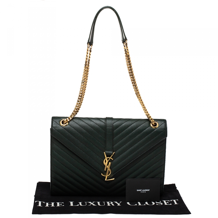 Pre Owned Saint Laurent Dark Green Matelasse Leather Large Cassandre Flap Bag