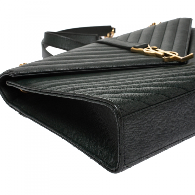 Pre Owned Saint Laurent Dark Green Matelasse Leather Large Cassandre Flap Bag