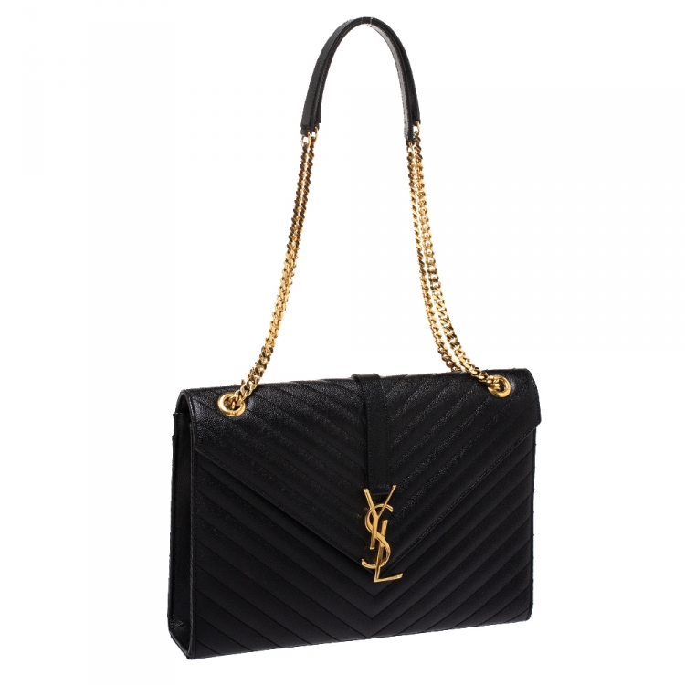 Pre Owned Saint Laurent Black Leather Monogram Envelope Shoulder Bag
