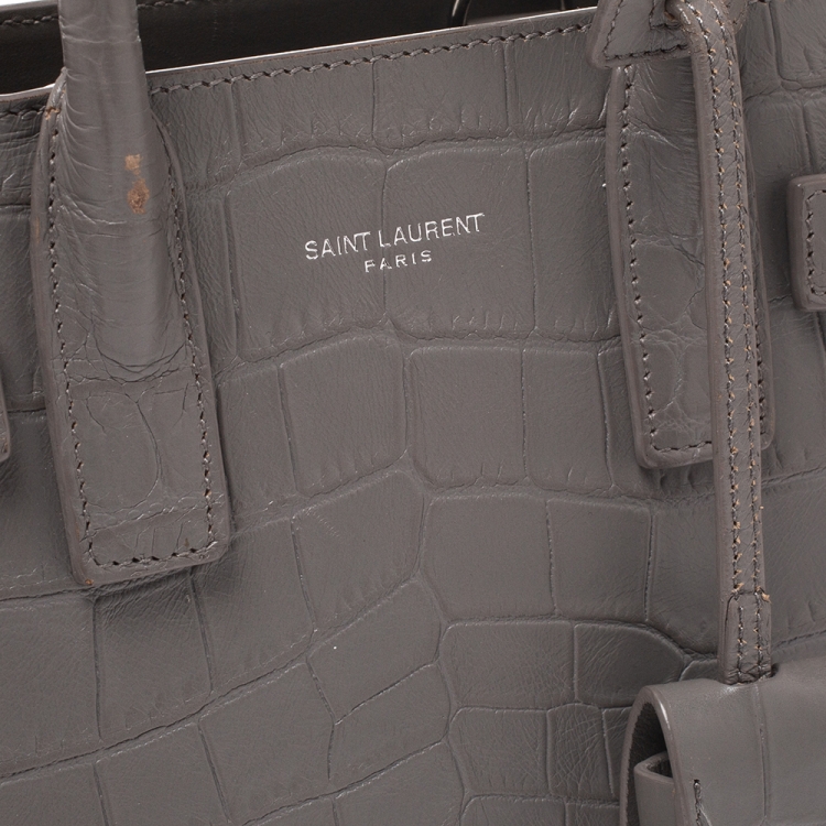 Pre Owned Saint Laurent Grey Croc Embossed Leather Nano Classic Sac De Jour Tote
