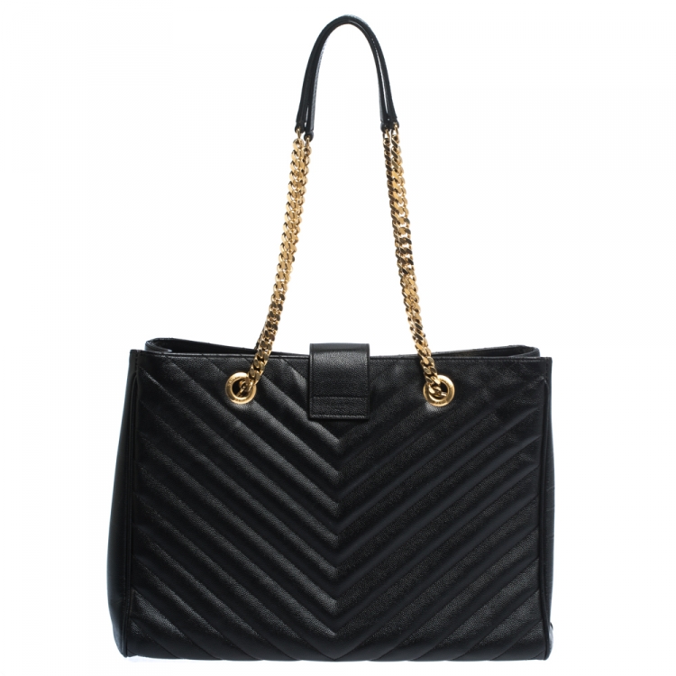 Pre Owned Saint Laurent Black Matelasse Leather Cassandre Shopper Tote