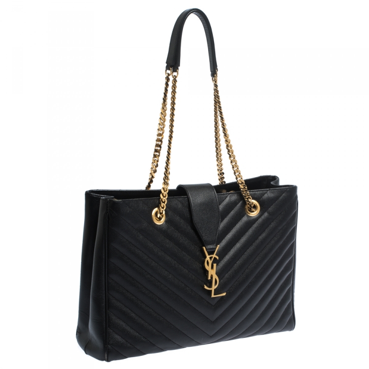 Pre Owned Saint Laurent Black Matelasse Leather Cassandre Shopper Tote