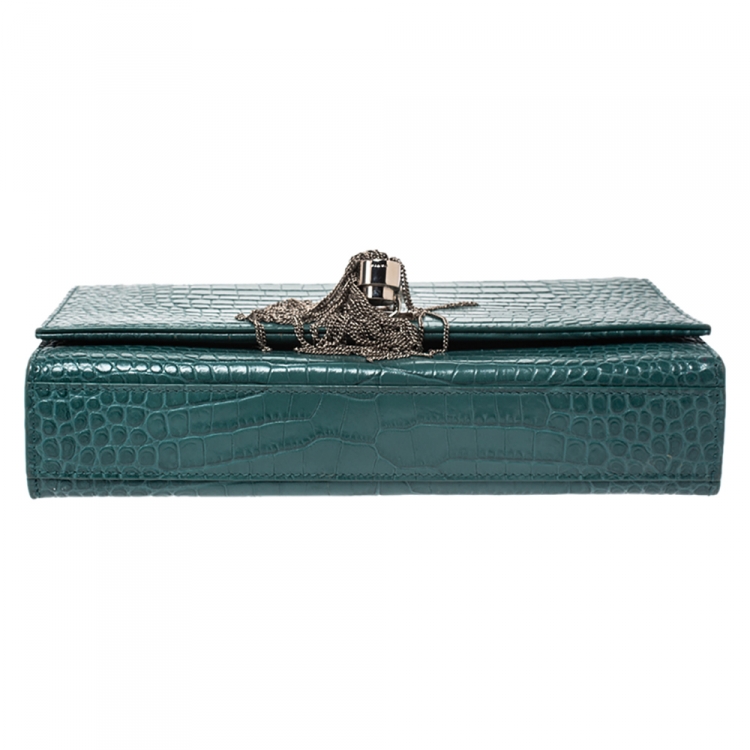 Pre Owned Saint Laurent Green Croc Embossed Leather Medium Kate Tassel Shoulder Bag