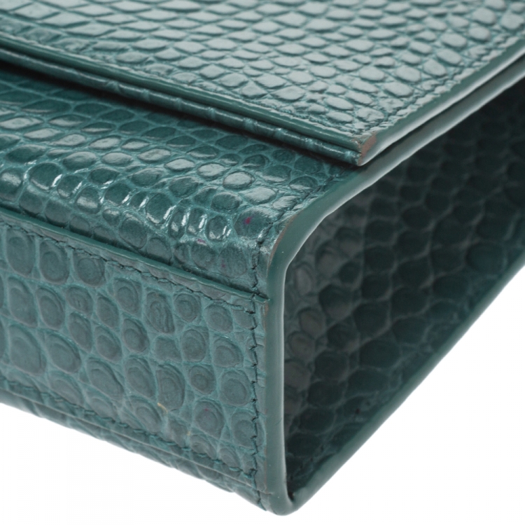 Pre Owned Saint Laurent Green Croc Embossed Leather Medium Kate Tassel Shoulder Bag