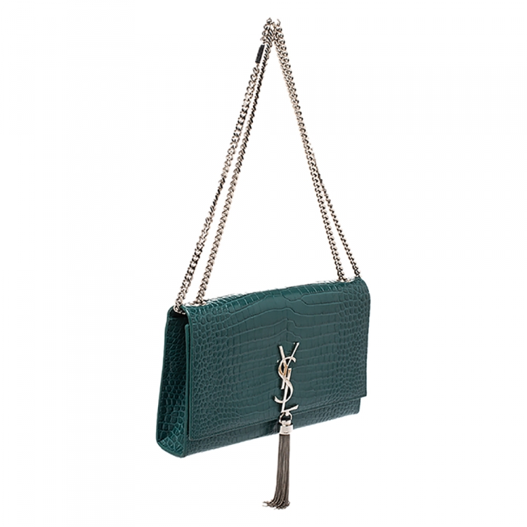 Pre Owned Saint Laurent Green Croc Embossed Leather Medium Kate Tassel Shoulder Bag