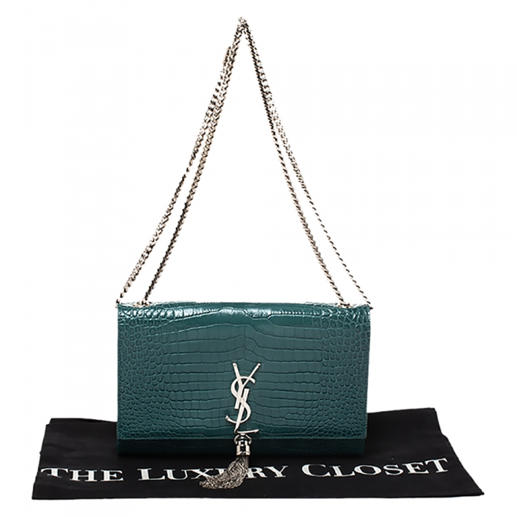 Pre Owned Saint Laurent Green Croc Embossed Leather Medium Kate Tassel Shoulder Bag