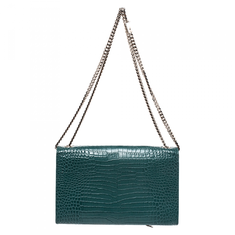Pre Owned Saint Laurent Green Croc Embossed Leather Medium Kate Tassel Shoulder Bag
