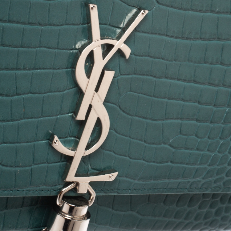 Pre Owned Saint Laurent Green Croc Embossed Leather Medium Kate Tassel Shoulder Bag