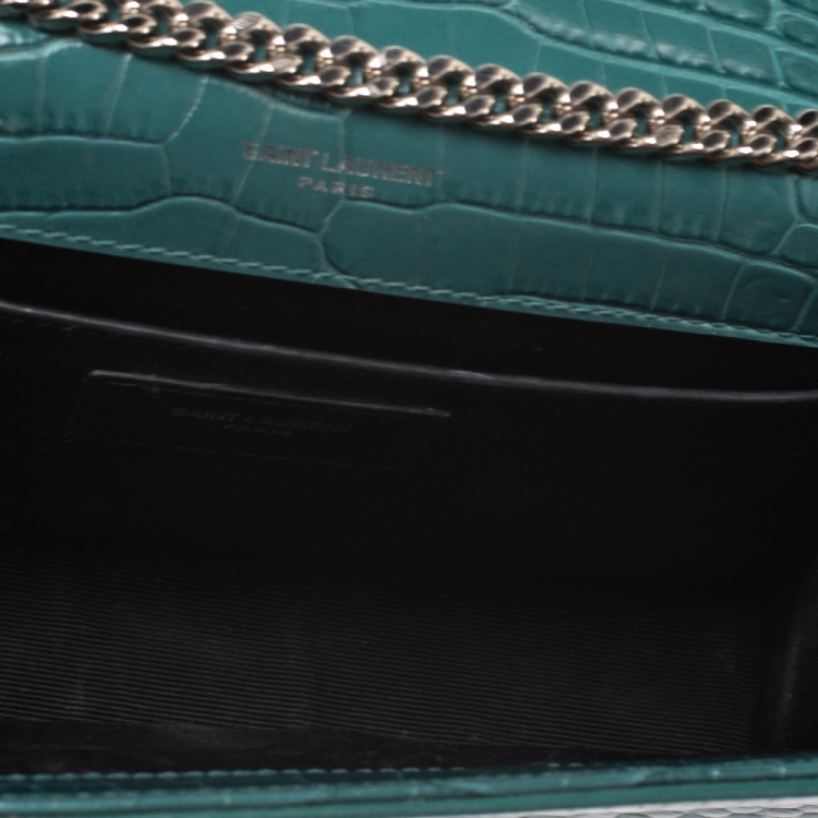Pre Owned Saint Laurent Green Croc Embossed Leather Medium Kate Tassel Shoulder Bag
