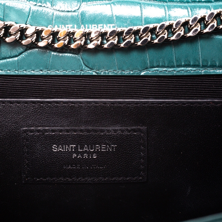 Pre Owned Saint Laurent Green Croc Embossed Leather Medium Kate Tassel Shoulder Bag