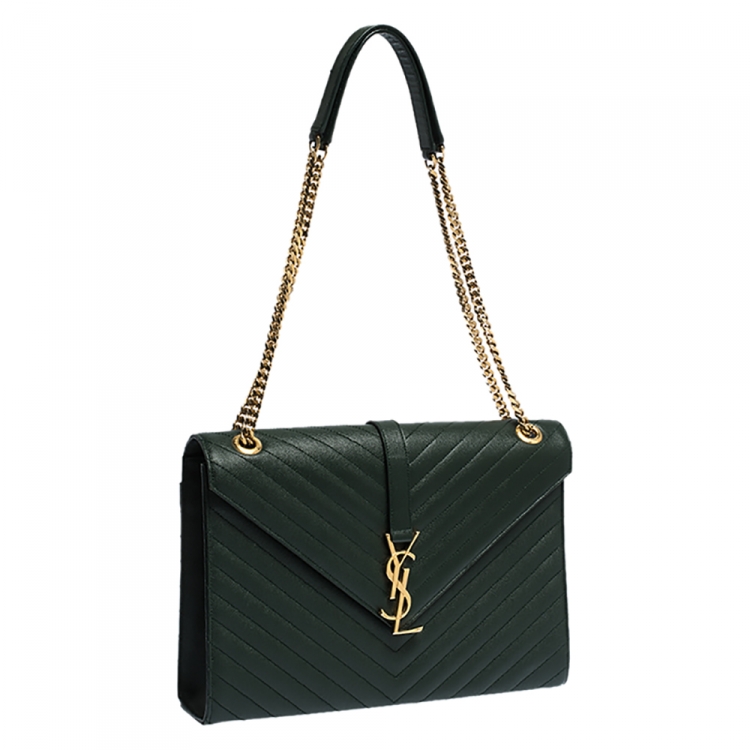 Pre Owned Saint Laurent Dark Green Matelasse Leather Large Cassandre Flap Bag