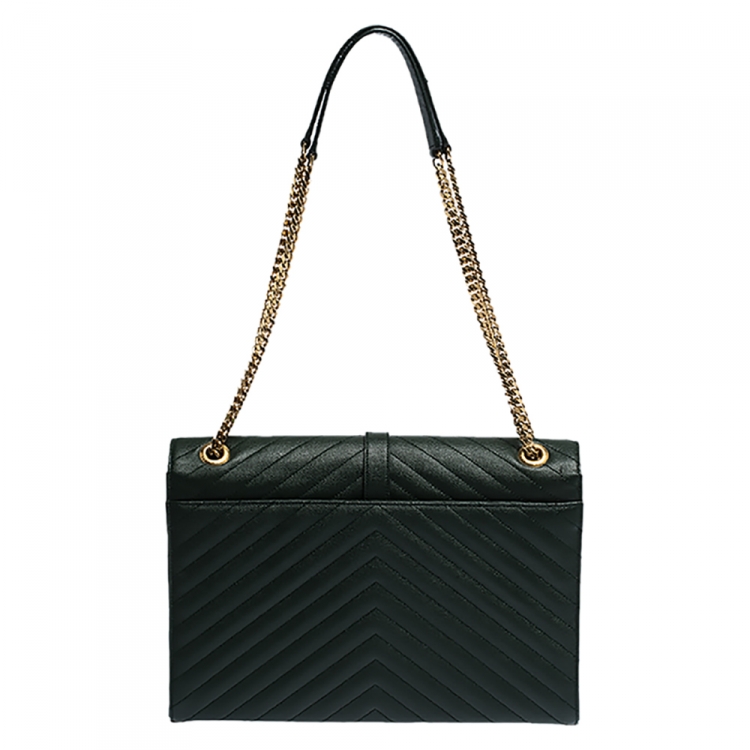 Pre Owned Saint Laurent Dark Green Matelasse Leather Large Cassandre Flap Bag