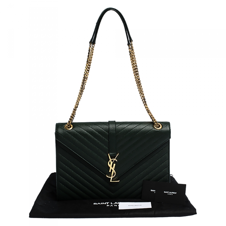 Pre Owned Saint Laurent Dark Green Matelasse Leather Large Cassandre Flap Bag