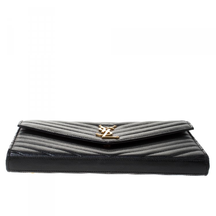 Pre Owned Saint Laurent Black Matelasse Leather Monogram Chain Clutch