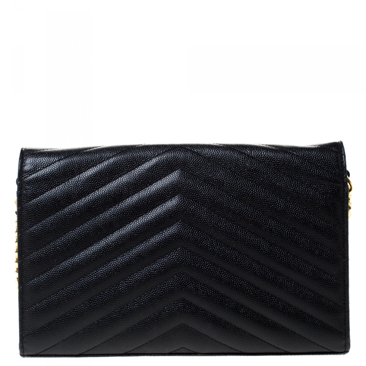 Pre Owned Saint Laurent Black Matelasse Leather Monogram Chain Clutch