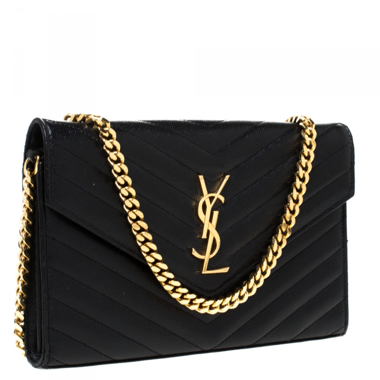 Pre Owned Saint Laurent Black Matelasse Leather Monogram Chain Clutch