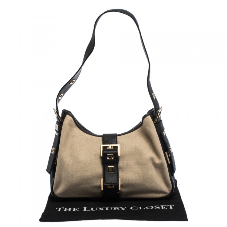 Pre Owned Saint Laurent Black/Cream Canvas and Leather Buckle Shoulder Bag
